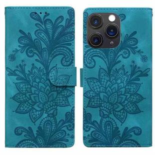 For iPhone 11 Pro Max Lace Floral Embossed Magnetic Buckle PU Phone Case With Wrist Strap(Green)