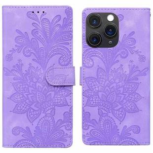 For iPhone 11 Pro Max Lace Floral Embossed Magnetic Buckle PU Phone Case With Wrist Strap(Purple)
