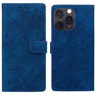 For iPhone 11 Pro Max Lace Floral Embossed Magnetic Buckle PU Phone Case With Wrist Strap(Blue)