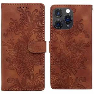 For iPhone 11 Pro Max Lace Floral Embossed Magnetic Buckle PU Phone Case With Wrist Strap(Brown)