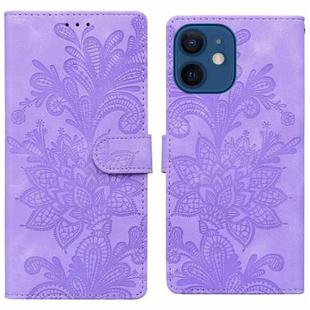 For iPhone 12 Lace Floral Embossed Magnetic Buckle PU Phone Case With Wrist Strap(Purple)