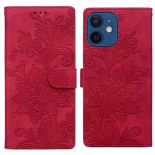 For iPhone 12 Lace Floral Embossed Magnetic Buckle PU Phone Case With Wrist Strap(Red)