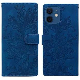 For iPhone 12 Lace Floral Embossed Magnetic Buckle PU Phone Case With Wrist Strap(Blue)