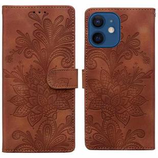 For iPhone 12 Lace Floral Embossed Magnetic Buckle PU Phone Case With Wrist Strap(Brown)