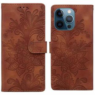 For iPhone 12 Pro Max / 13 Pro Max Lace Floral Embossed Magnetic Buckle PU Phone Case With Wrist Strap(Brown)