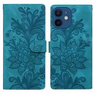 For iPhone 12 mini / 13 mini Lace Floral Embossed Magnetic Buckle PU Phone Case With Wrist Strap(Green)