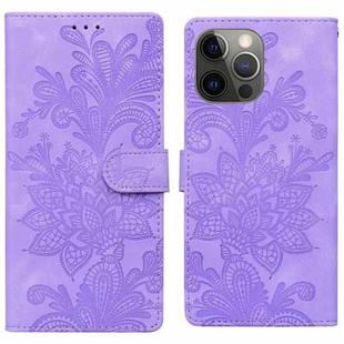 For iPhone 12 Pro Lace Floral Embossed Magnetic Buckle PU Phone Case With Wrist Strap(Purple)