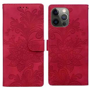 For iPhone 12 Pro Lace Floral Embossed Magnetic Buckle PU Phone Case With Wrist Strap(Red)