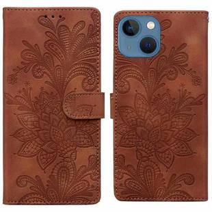 For iPhone 13 / 14 Lace Floral Embossed Magnetic Buckle PU Phone Case With Wrist Strap(Brown)