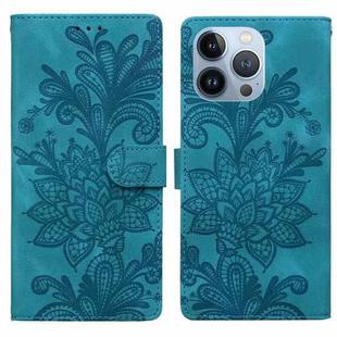 For iPhone 13 Pro Lace Floral Embossed Magnetic Buckle PU Phone Case With Wrist Strap(Green)