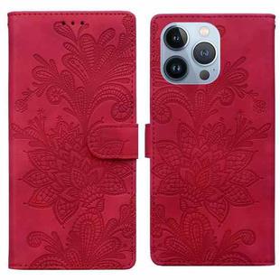 For iPhone 13 Pro Lace Floral Embossed Magnetic Buckle PU Phone Case With Wrist Strap(Red)