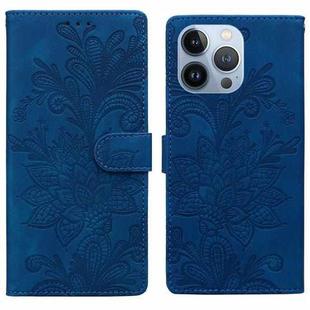 For iPhone 13 Pro Lace Floral Embossed Magnetic Buckle PU Phone Case With Wrist Strap(Blue)