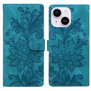 For iPhone 14 Plus / 15 Plus Lace Floral Embossed Magnetic Buckle PU Phone Case With Wrist Strap(Green)