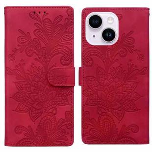 For iPhone 14 Plus / 15 Plus Lace Floral Embossed Magnetic Buckle PU Phone Case With Wrist Strap(Red)