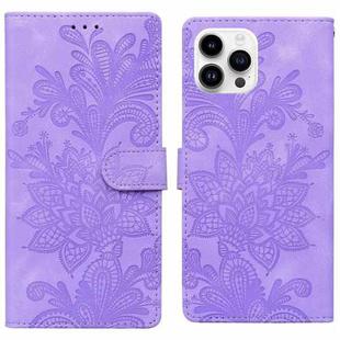 For iPhone 14 Pro Lace Floral Embossed Magnetic Buckle PU Phone Case With Wrist Strap(Purple)