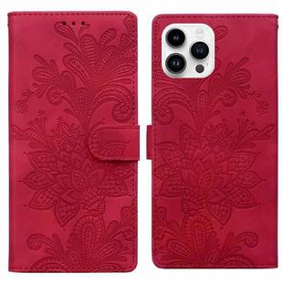 For iPhone 14 Pro Lace Floral Embossed Magnetic Buckle PU Phone Case With Wrist Strap(Red)