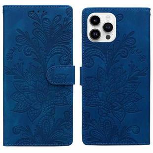 For iPhone 14 Pro Lace Floral Embossed Magnetic Buckle PU Phone Case With Wrist Strap(Blue)