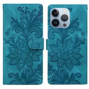 For iPhone 14 Pro Max Lace Floral Embossed Magnetic Buckle PU Phone Case With Wrist Strap(Green)