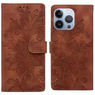 For iPhone 14 Pro Max Lace Floral Embossed Magnetic Buckle PU Phone Case With Wrist Strap(Brown)