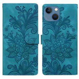 For iPhone 15 Lace Floral Embossed Magnetic Buckle PU Phone Case With Wrist Strap(Green)