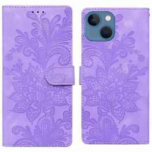 For iPhone 15 Lace Floral Embossed Magnetic Buckle PU Phone Case With Wrist Strap(Purple)