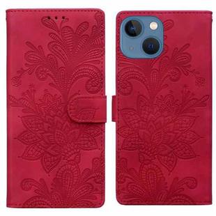 For iPhone 15 Lace Floral Embossed Magnetic Buckle PU Phone Case With Wrist Strap(Red)