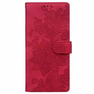 For iPhone 15 Pro Max Lace Floral Embossed Magnetic Buckle PU Phone Case With Wrist Strap(Red)