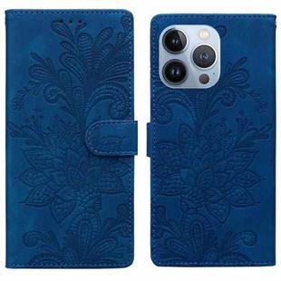 For iPhone 15 Pro Max Lace Floral Embossed Magnetic Buckle PU Phone Case With Wrist Strap(Blue)