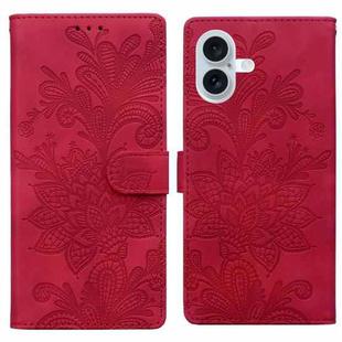 For iPhone 16 Lace Floral Embossed Magnetic Buckle PU Phone Case With Wrist Strap(Red)