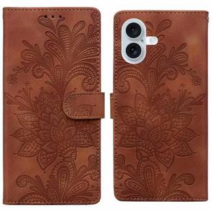 For iPhone 16 Lace Floral Embossed Magnetic Buckle PU Phone Case With Wrist Strap(Brown)