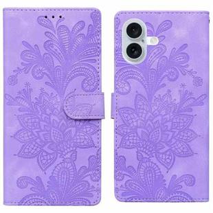 For iPhone 16 Plus Lace Floral Embossed Magnetic Buckle PU Phone Case With Wrist Strap(Purple)