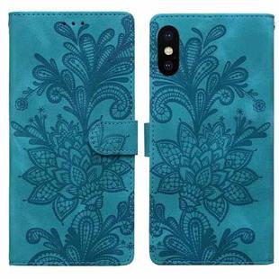 For iPhone X / XS Lace Floral Embossed Magnetic Buckle PU Phone Case With Wrist Strap(Green)