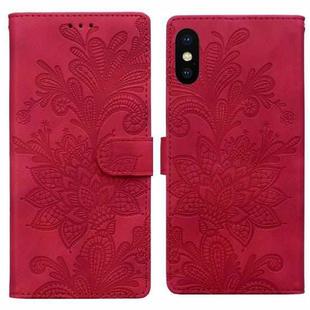 For iPhone X / XS Lace Floral Embossed Magnetic Buckle PU Phone Case With Wrist Strap(Red)