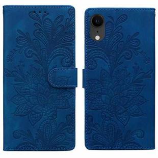 For iPhone XR Lace Floral Embossed Magnetic Buckle PU Phone Case With Wrist Strap(Blue)