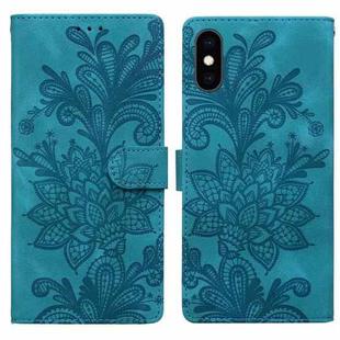 For iPhone XS Max Lace Floral Embossed Magnetic Buckle PU Phone Case With Wrist Strap(Green)