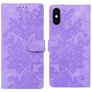 For iPhone XS Max Lace Floral Embossed Magnetic Buckle PU Phone Case With Wrist Strap(Purple)