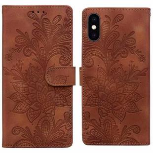 For iPhone XS Max Lace Floral Embossed Magnetic Buckle PU Phone Case With Wrist Strap(Brown)