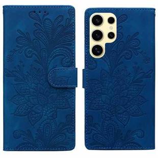 For Samsung Galaxy S25 Ultra 5G Lace Floral Embossed Magnetic Buckle PU Phone Case With Wrist Strap(Blue)
