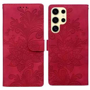 For Samsung Galaxy S24 Ultra 5G Lace Floral Embossed Magnetic Buckle PU Phone Case With Wrist Strap(Red)