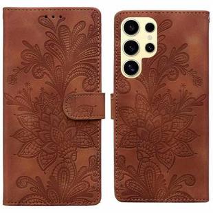 For Samsung Galaxy S24 Ultra 5G Lace Floral Embossed Magnetic Buckle PU Phone Case With Wrist Strap(Brown)