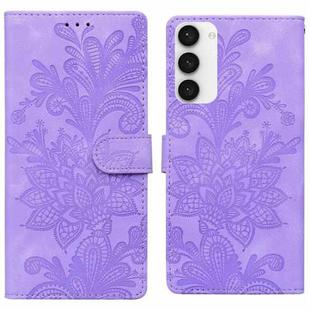 For Samsung Galaxy S23 5G Lace Floral Embossed Magnetic Buckle PU Phone Case With Wrist Strap(Purple)