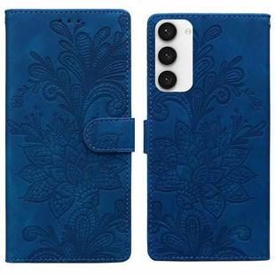 For Samsung Galaxy S23 5G Lace Floral Embossed Magnetic Buckle PU Phone Case With Wrist Strap(Blue)