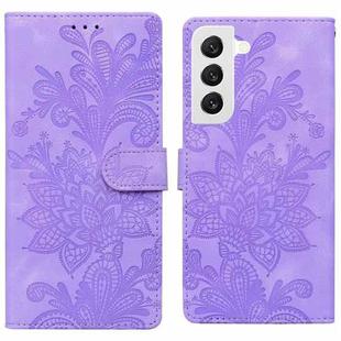 For Samsung Galaxy S22+ 5G Lace Floral Embossed Magnetic Buckle PU Phone Case With Wrist Strap(Purple)