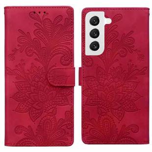 For Samsung Galaxy S22+ 5G Lace Floral Embossed Magnetic Buckle PU Phone Case With Wrist Strap(Red)