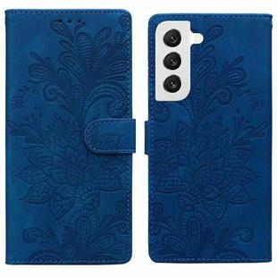 For Samsung Galaxy S22+ 5G Lace Floral Embossed Magnetic Buckle PU Phone Case With Wrist Strap(Blue)