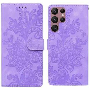 For Samsung Galaxy S22 Ultra 5G Lace Floral Embossed Magnetic Buckle PU Phone Case With Wrist Strap(Purple)