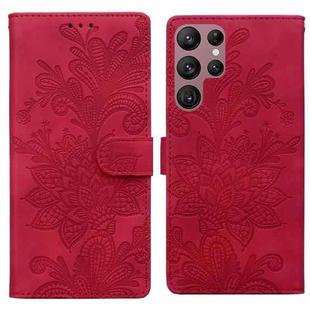 For Samsung Galaxy S22 Ultra 5G Lace Floral Embossed Magnetic Buckle PU Phone Case With Wrist Strap(Red)