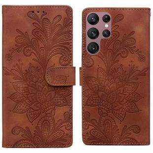 For Samsung Galaxy S22 Ultra 5G Lace Floral Embossed Magnetic Buckle PU Phone Case With Wrist Strap(Brown)