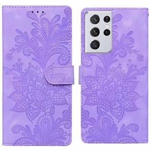 For Samsung Galaxy S21 Ultra 5G Lace Floral Embossed Magnetic Buckle PU Phone Case With Wrist Strap(Purple)