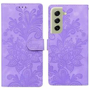 For Samsung Galaxy S21 5G Lace Floral Embossed Magnetic Buckle PU Phone Case With Wrist Strap(Purple)